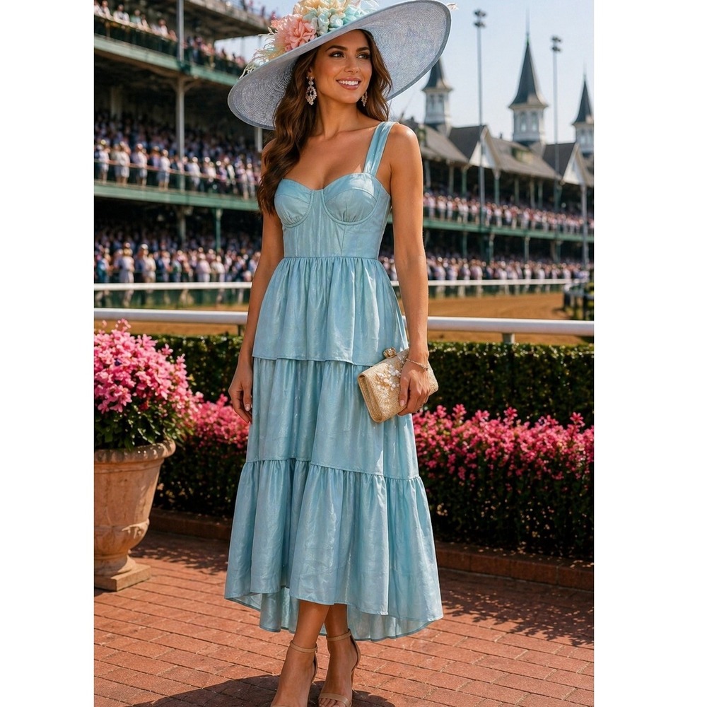 WeWoreWhat Dress Small Kentucky Derby Tiered Bustier Midi Sleeveless Blue
